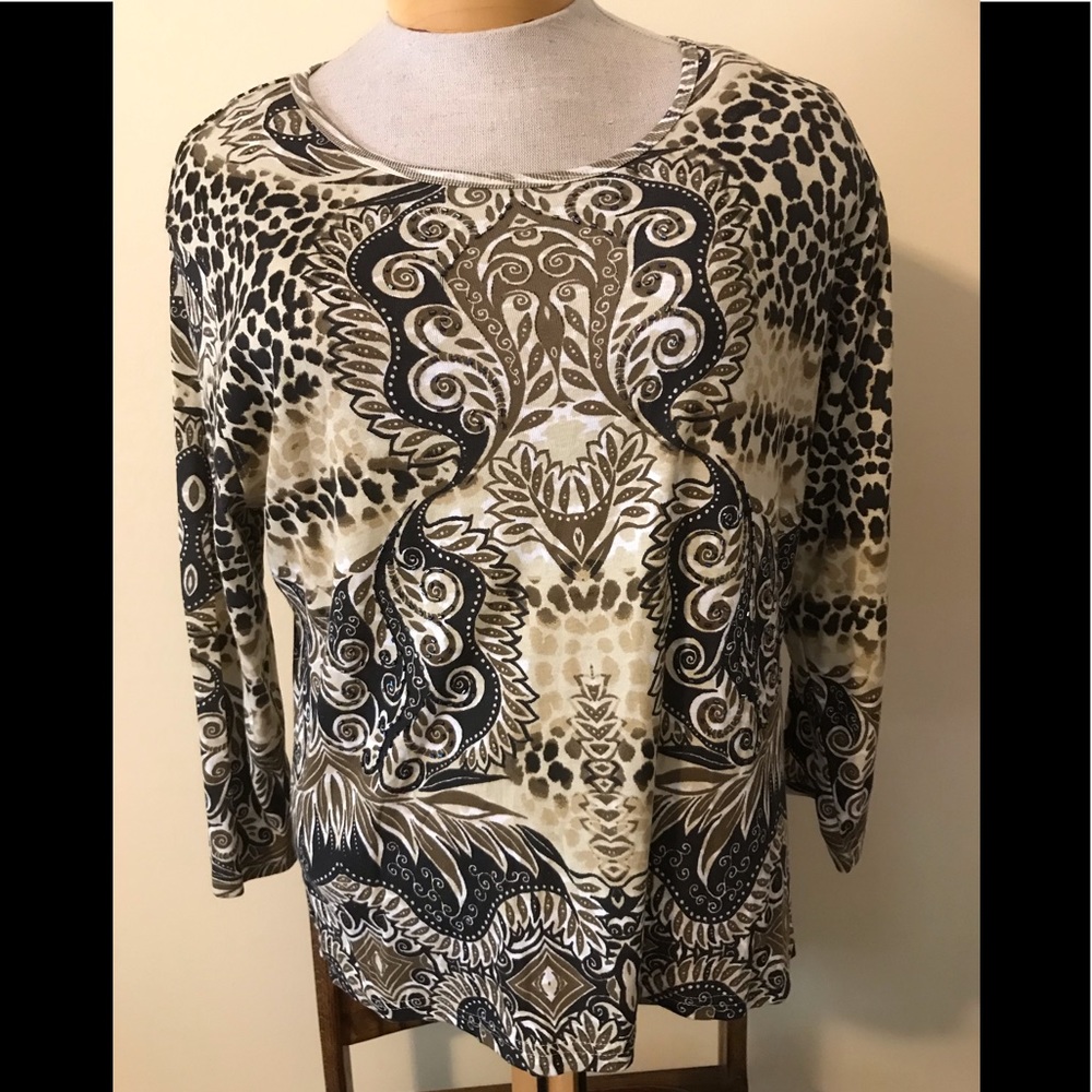 Jane Ashley Brown/Tan Animal Print Pullover Top w Iridescent Bead Accents